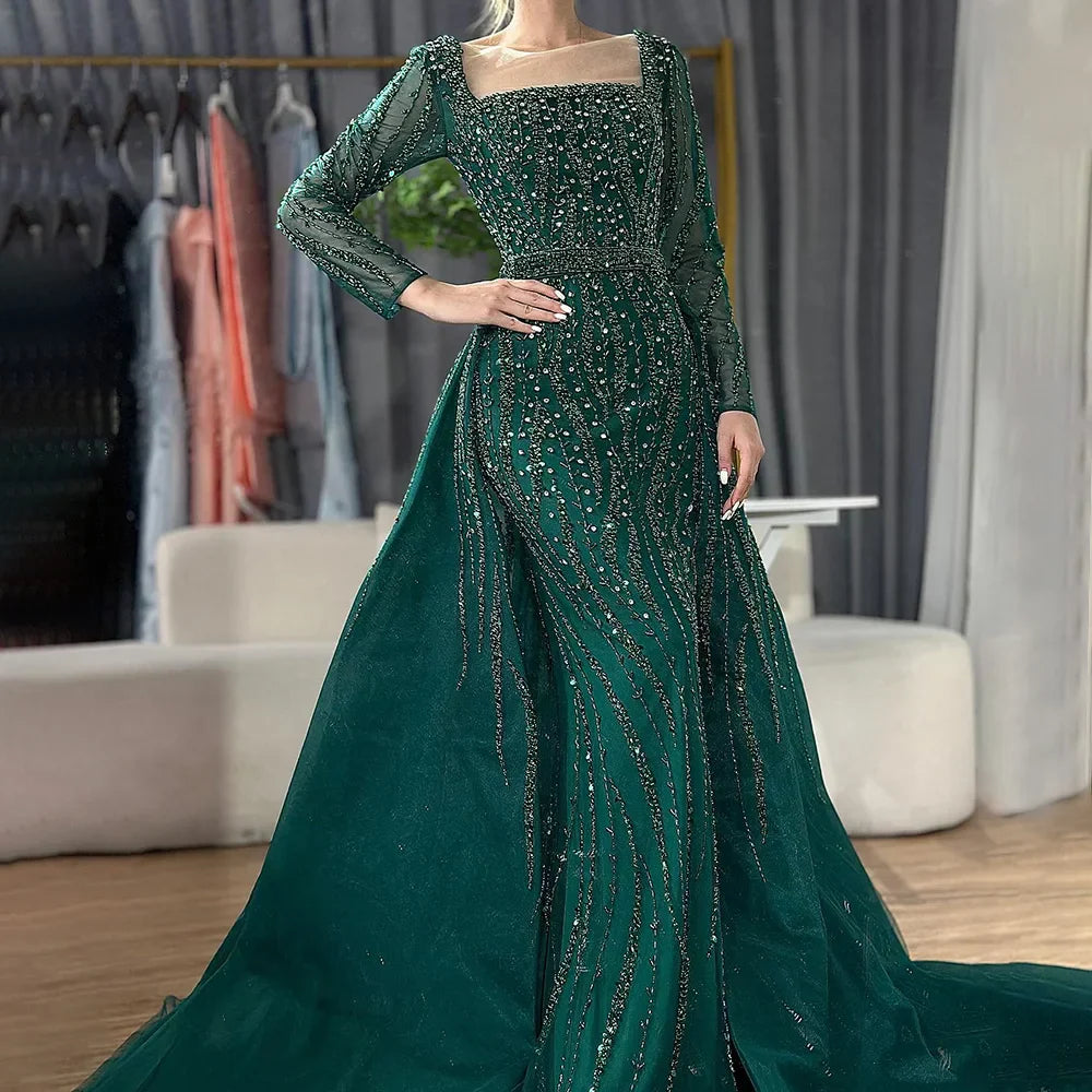 Arabic Green With Overskirt Mermaid Beaded Evening Dresses Luxury Gowns 2025 for Formal Occasion 2025 LA72710