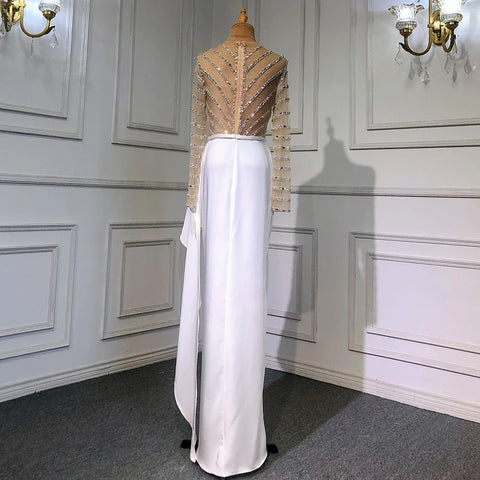 Vestido de noche blanco de manga larga con corte sirena y abertura, diseño 2025, con cuentas, de lujo, elegante para mujer, fiesta LA71531 