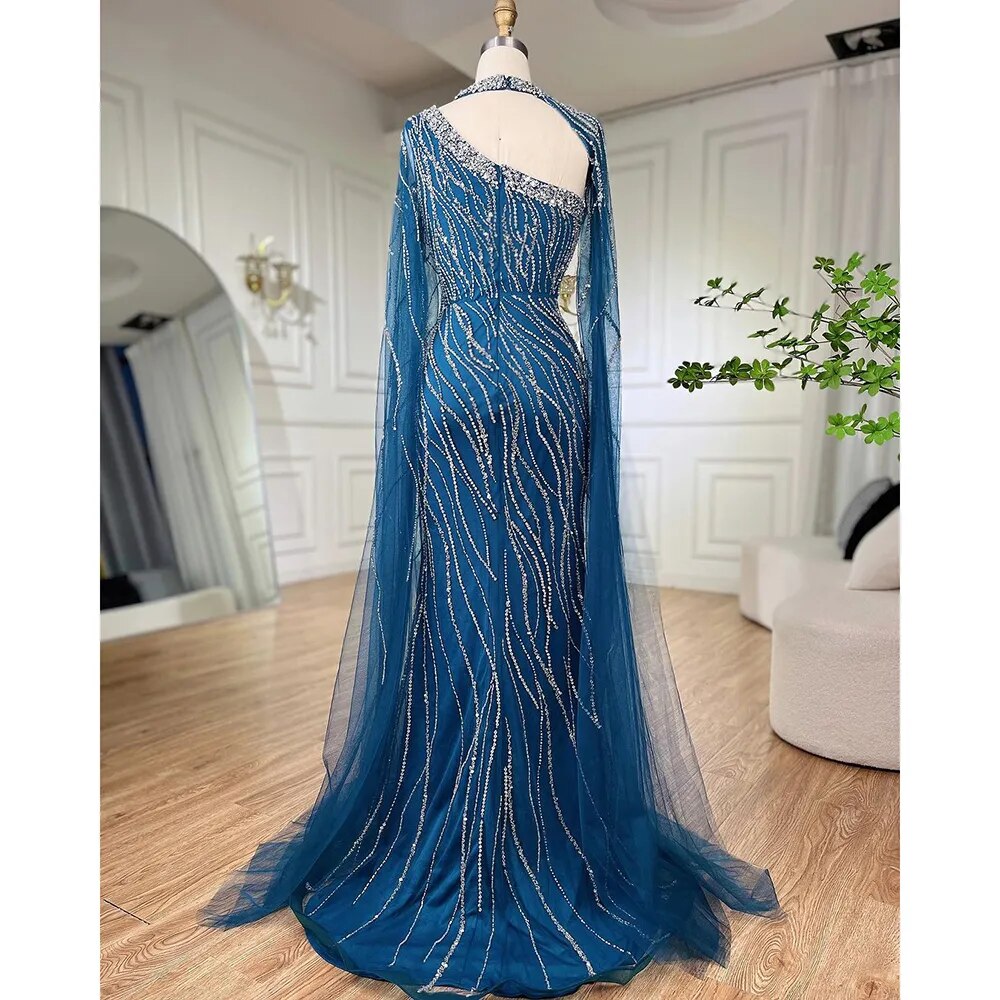 Black Mermaid Elegant Cape Sleeves Beaded Luxury Evening Dresses Gowns For Women Arabic Party 2025 LA72112
