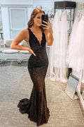 Robe de soirée longue sirène en dentelle noire et perles, col en V, Y78