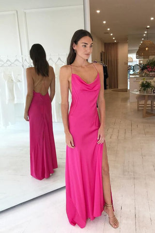 Robe de soirée longue rose fuchsia à bretelles croisées, en satin de soie avec fente Y63