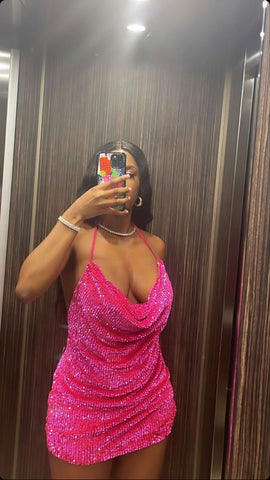 minivestido rosa con cuello drapeado de lentejuelas, vestido sexy para fiesta de bienvenida Y66