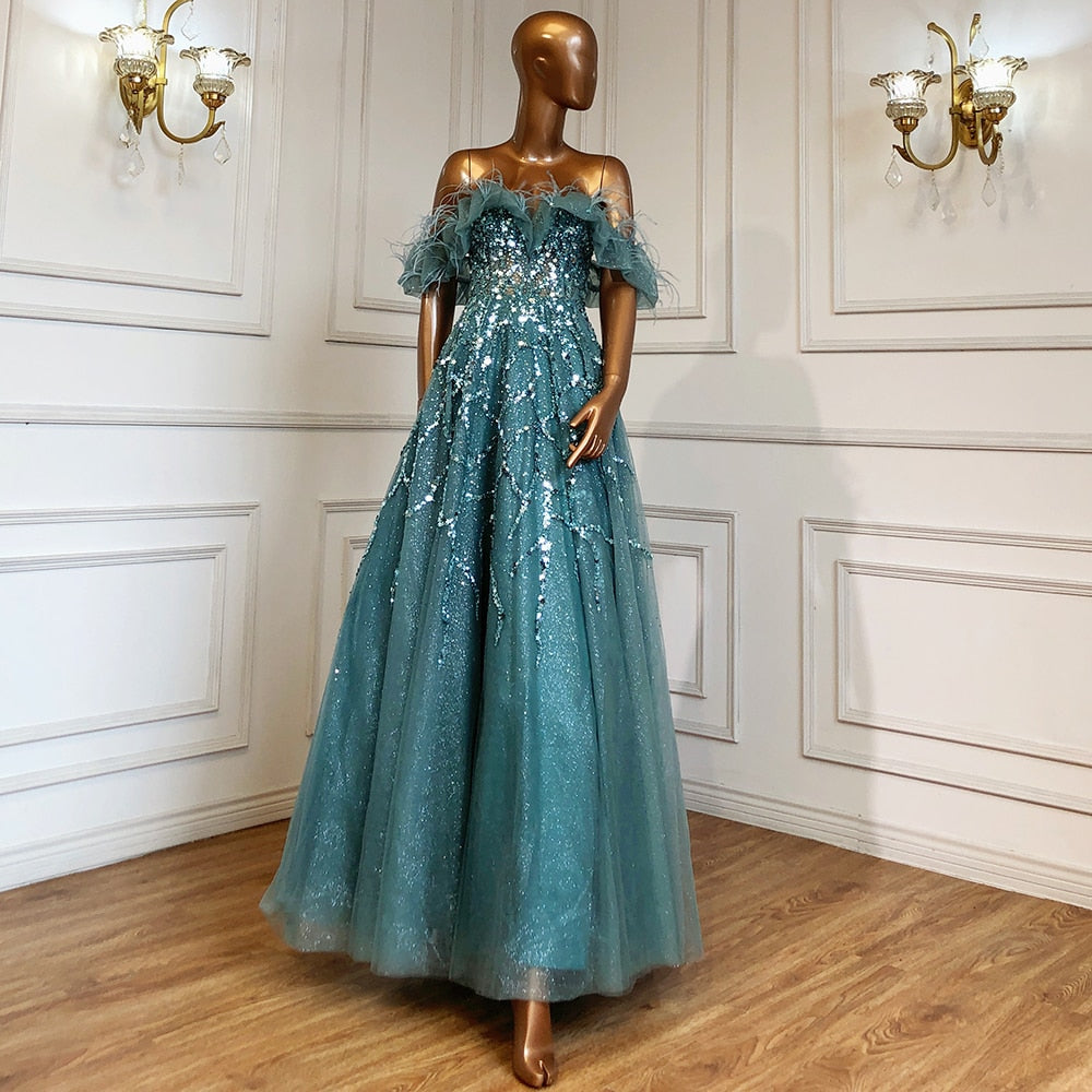 Grey A-Line Sexy Evening Dresses Gowns Beaded Feather Sparkle Formal Women Party LA71328 Featured
