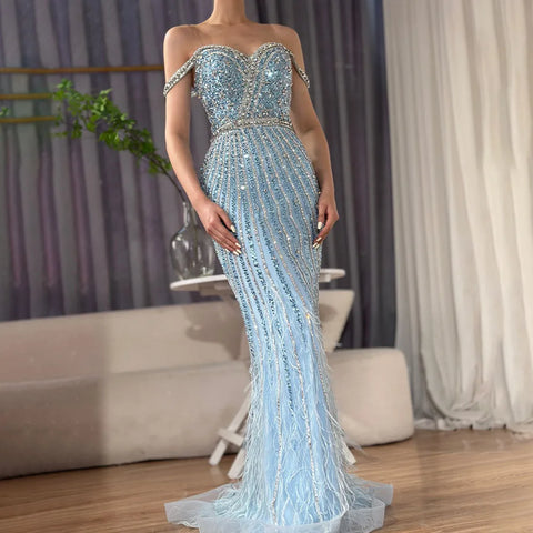 2025 Caramel Spaghetti Strap Mermaid Gown Feathers Beaded Luxury Saudi Evening Dress for Formal Occasion LA72715