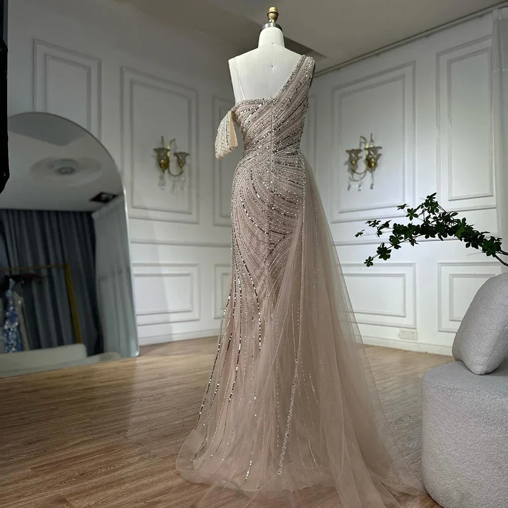 Vestido de noche largo, elegante, de sirena, rosa árabe, con un solo hombro y cuentas, ideal para ocasiones formales (LA72662A) 