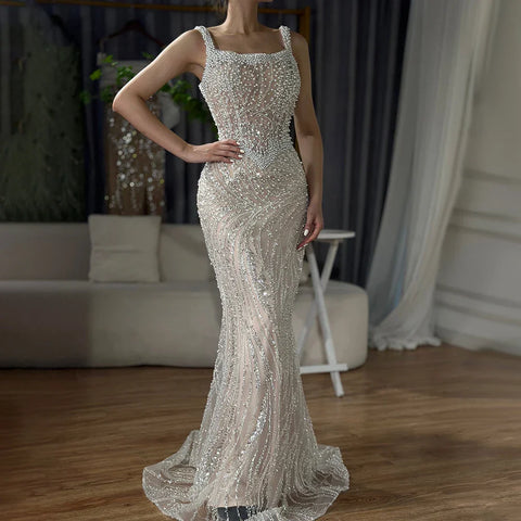 Vestido de noche de sirena con tirantes finos en blanco nude, de lujo, con perlas y cuentas, para mujer, ideal para bodas, 2025, LA72266 