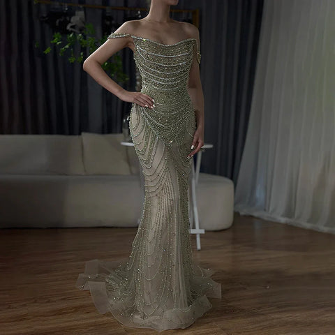Luxury Crystal Silver Nude Mermaid Dubai Evening Dresses LA72253