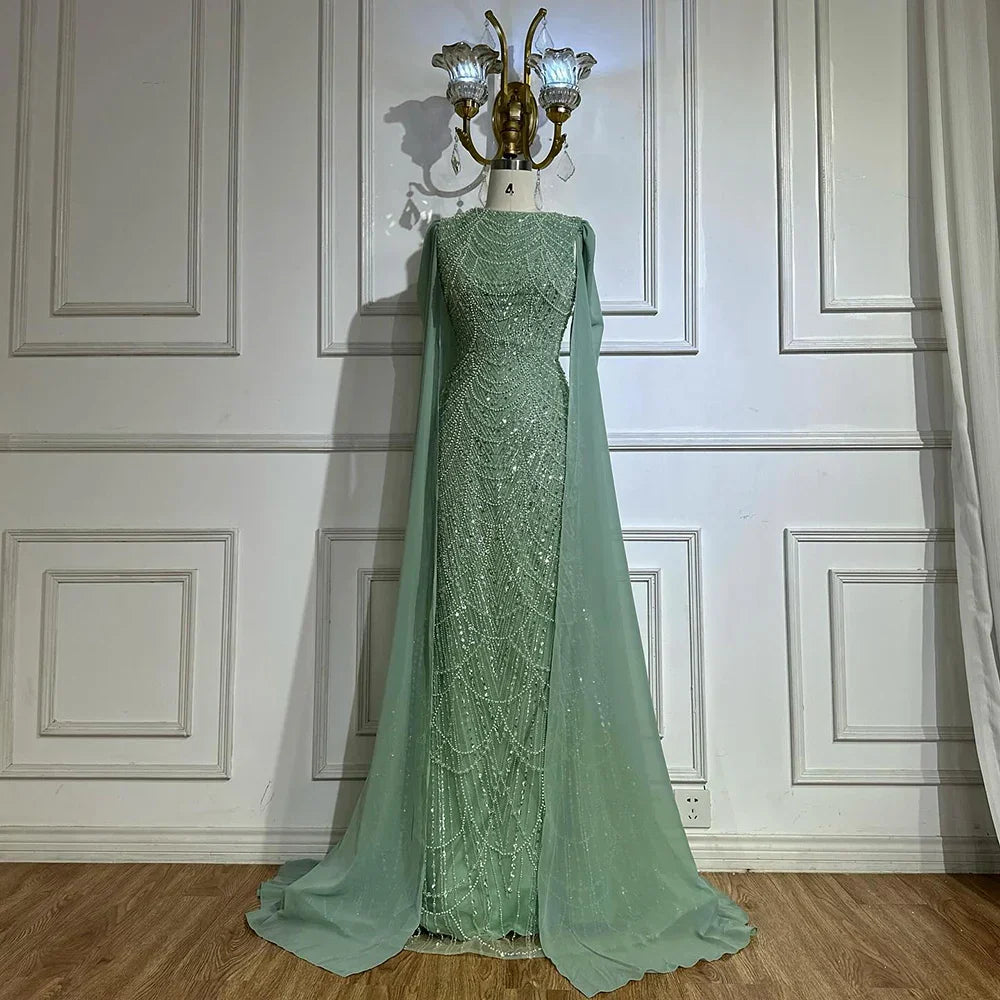 Vestido de noche de lujo con mangas de capa, estilo sirena azul, con cuentas, para ocasiones formales (LA72160A), Arabia Saudita, 2025 