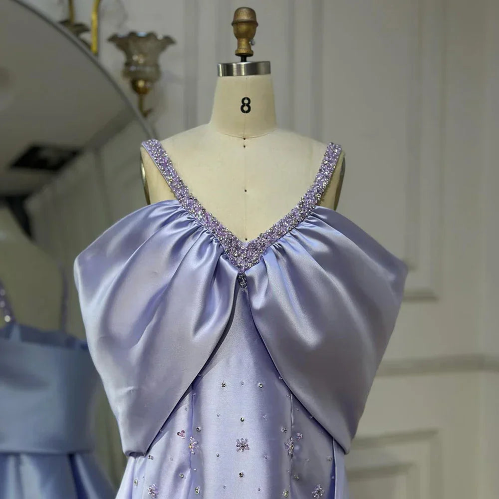 Lilac Off Shoulder Lilac Evening Dress with Cape Beaded Wedding Party Gowns LA72529
