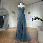 Vestido de noche saudí para ocasiones formales, elegante vestido azul con cuentas y abertura, modelo LA72877 (2025) 