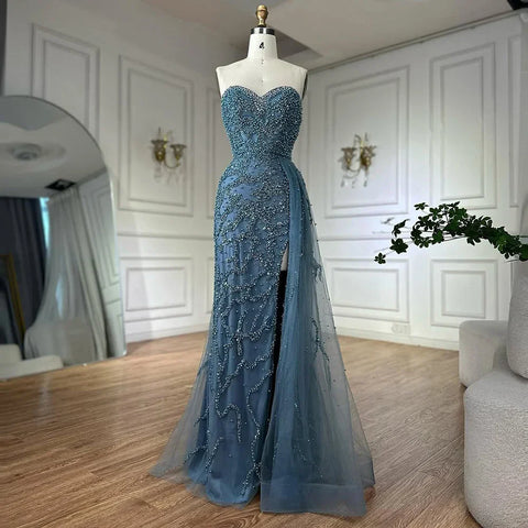 Robe de soirée élégante de style arabe saoudien 2025, robe bleue perlée avec fente, pour une occasion formelle, LA72877 