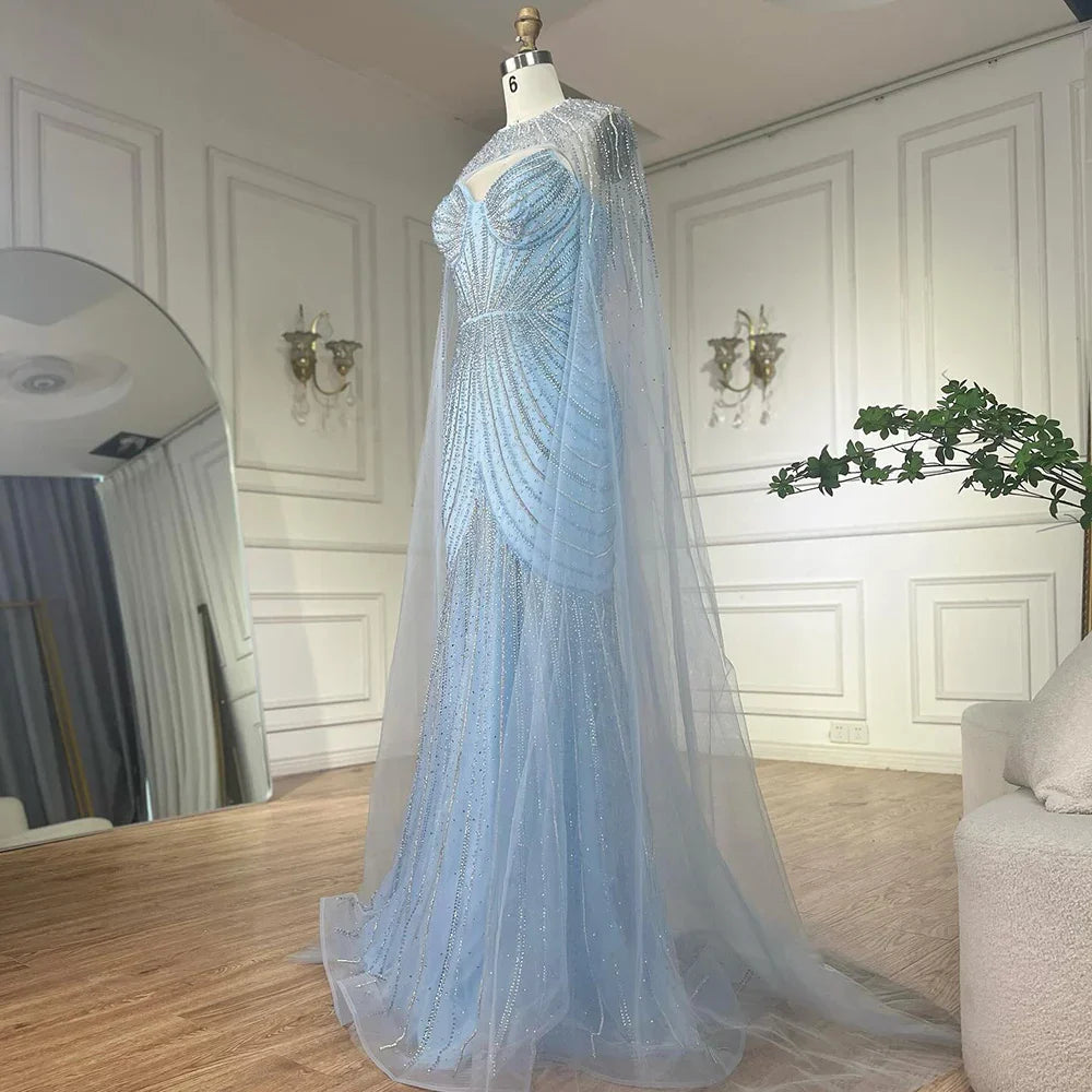 Robe de soirée arabe bleue à bretelles spaghetti et perles avec cape amovible pour une occasion formelle 2025 LA72784 