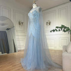 Robe de soirée arabe bleue à bretelles spaghetti et perles avec cape amovible pour une occasion formelle 2025 LA72784 