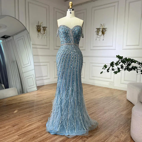 2025 Caramel Spaghetti Strap Mermaid Gown Feathers Beaded Luxury Saudi Evening Dress for Formal Occasion LA72715