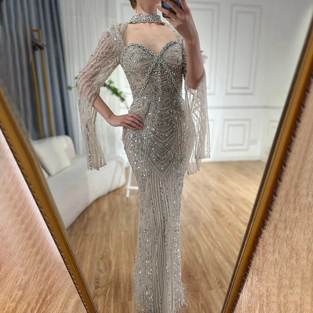 Vestido de noche de sirena con escote corazón, corte sirena, con cuentas y abertura en la espalda, estilo lujoso de Dubái (LA72560A), modelo LA72560A. 