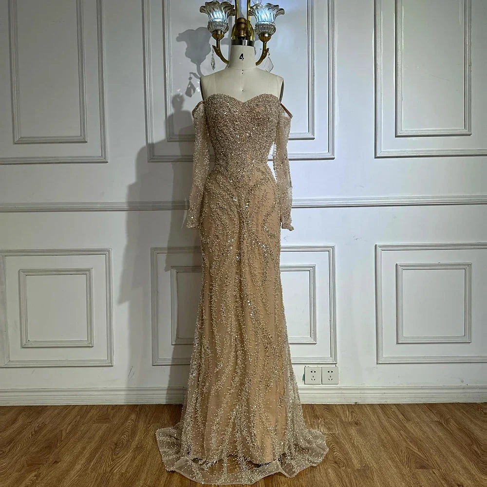 Luxury Beaded Evening Dresses Gowns with Off-Shoulder Long Sleeves and Sparkling Sequins LA72824A