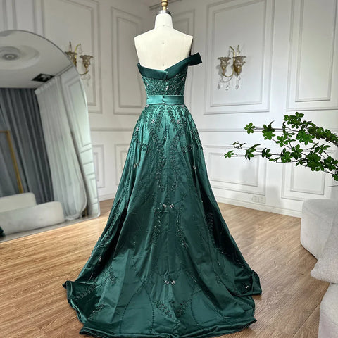 Vestido de noche verde árabe de satén con un solo hombro, bordado con cuentas, sobrefalda y abertura para ocasiones formales LA72178 
