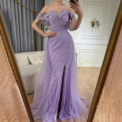 Elegante vestido de noche de sirena color piel con sobrefalda, hombros descubiertos y cuentas, para mujer, fiesta 2024 LA71728 