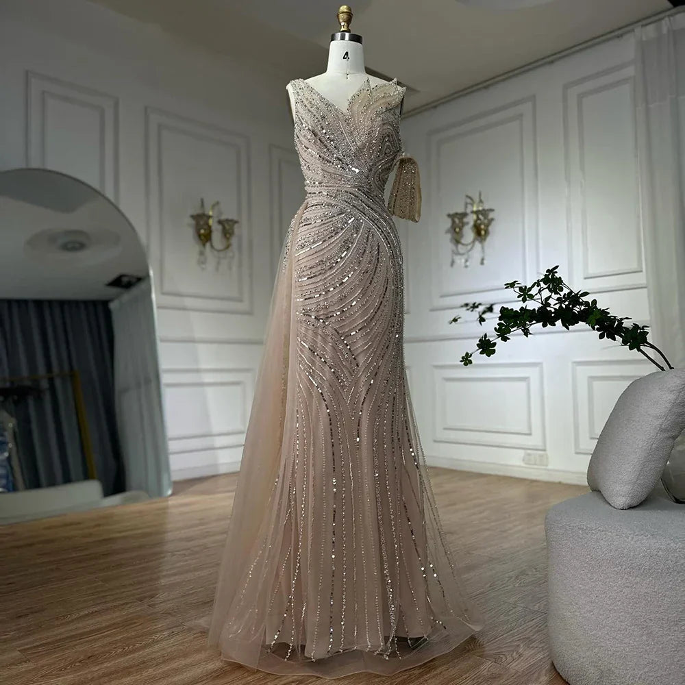 Vestido de noche largo, elegante, de sirena, rosa árabe, con un solo hombro y cuentas, ideal para ocasiones formales (LA72662A) 