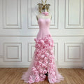 Elegant Evening Dress for Girls Arabic Pink 3D Flowers Elegant Srapless Dress Side Split Prom Party Gowns LA72568