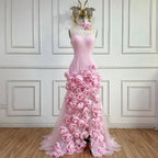 Elegant Evening Dress for Girls Arabic Pink 3D Flowers Elegant Srapless Dress Side Split Prom Party Gowns LA72568