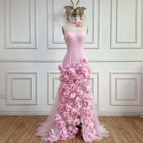 Elegante vestido de noche para niñas, estilo árabe, rosa, con flores 3D. Vestido elegante sin tirantes con abertura lateral. Ideal para fiestas de graduación. LA72568