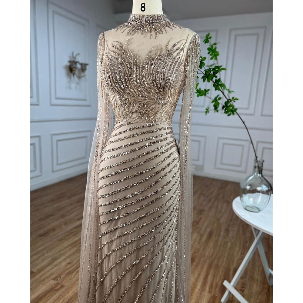 Arabic Caramel Mermaid Sexy Cape Sleeves Lace Beaded Long Evening Dresses Gowns 2025 For Women Wedding Party LA71885