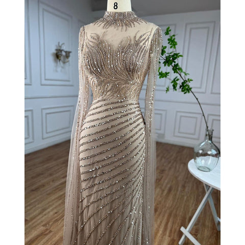 Robe de soirée longue style sirène arabe caramel, manches cape, dentelle et perles, tenue de mariage, LA71885 