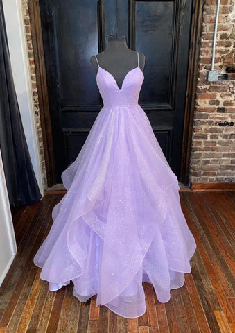 Robe de bal élégante en lilas style arabe 2025, dos nu, bretelles spaghetti, coupe trapèze, pour femme | Mariage LA72676 