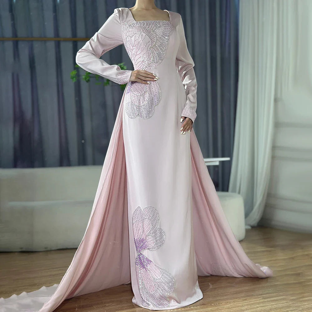 Vestido de noche de lujo estilo sirena rosa árabe, elegante, con cuentas, de satén, para mujer, ideal para fiestas, estilo Dubái, modelo LA72001A 