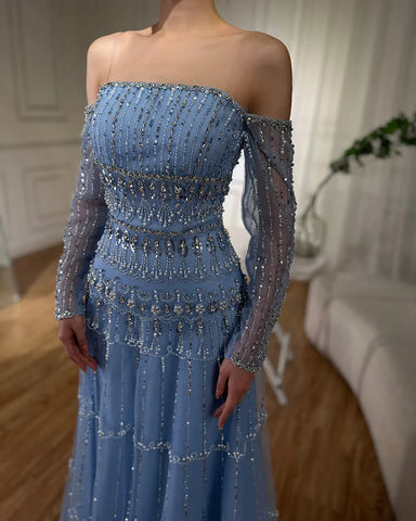 Dubai Arabic Sage Green Mermaid Luxury Evening Gown Strapless Beaded Party Dress for Women's Wedding 2025 LA72350