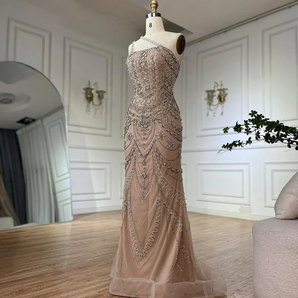 Elegant Nude One Shoulder Beaded Evening Dresses Gowns for Formal Occasion 2025 LA72791