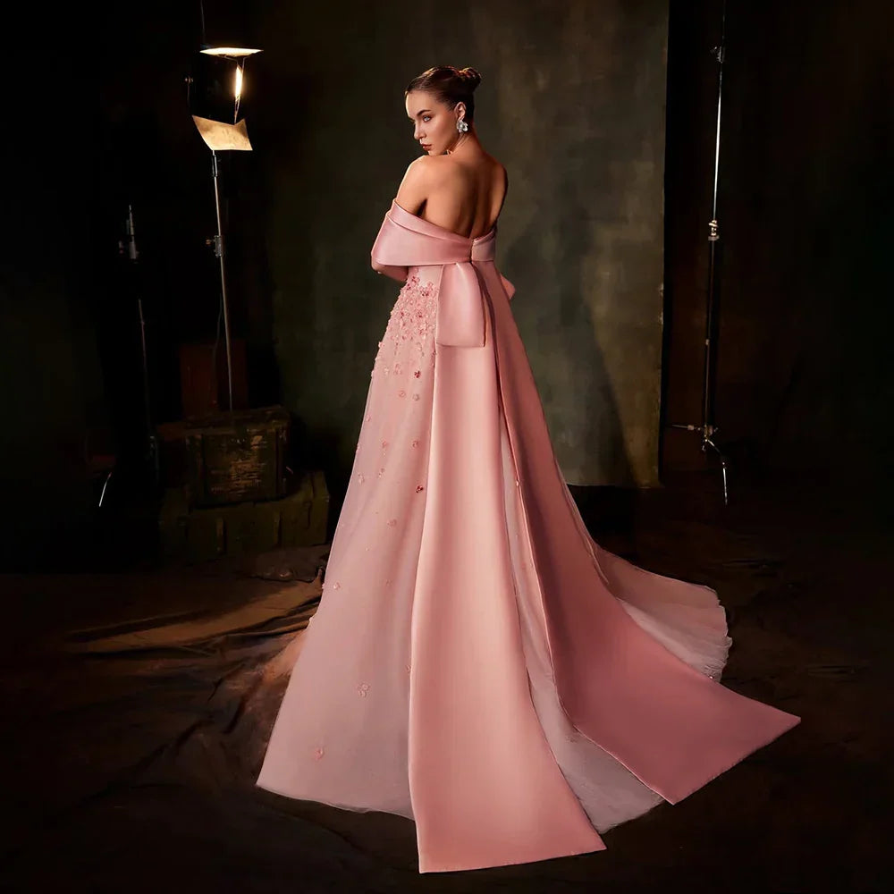 Vestido de noche Arabia Peach 2025, corte A, hombros descubiertos, apliques de satén, para ocasiones formales LA72830