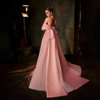 Vestido de noche Arabia Peach 2025, corte A, hombros descubiertos, apliques de satén, para ocasiones formales LA72830