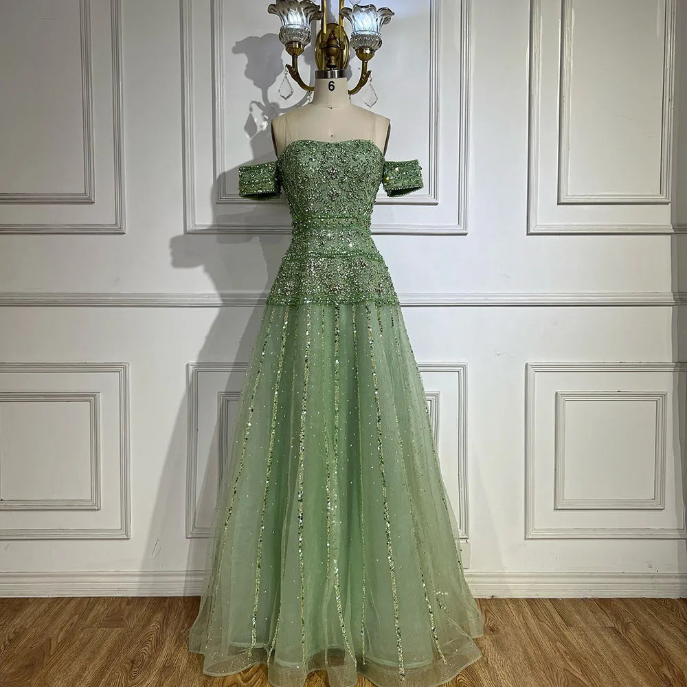 Vestido de noche de lujo color caramelo con hombros descubiertos, corte en A y cuentas, modelo LA72709, para ocasiones formales (2025) 