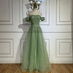 Vestido de noche de lujo color caramelo con hombros descubiertos, corte en A y cuentas, modelo LA72709, para ocasiones formales (2025) 