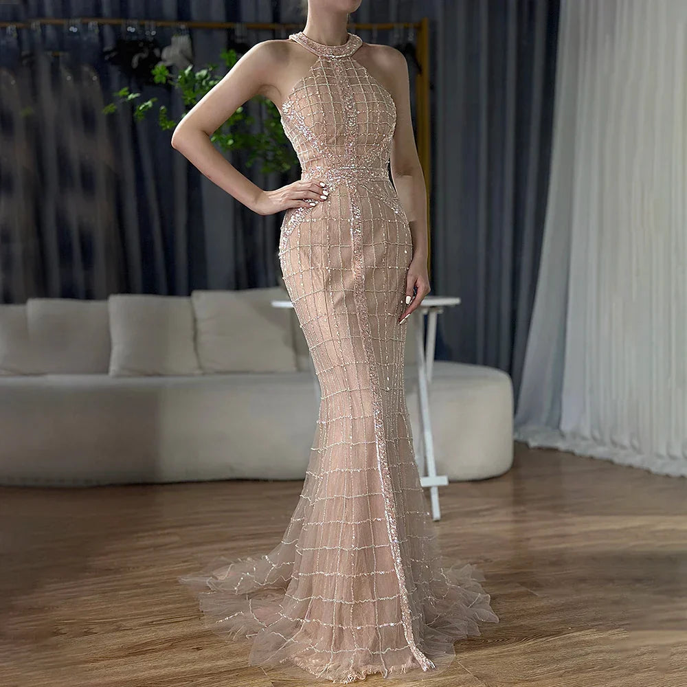 On Sale No Return No Refund Sale  Newest  Fashion Sexy Mermaid Evening Dresses  Halter Beading Luxury  Elegant  Evening Party Dress Real Photo LA6124