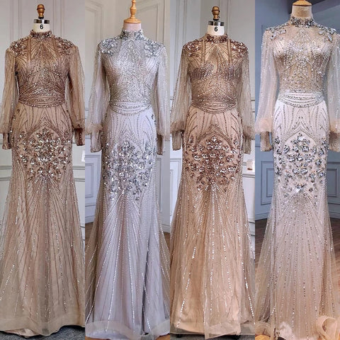 Vestido de noche de lujo con cuentas, corte sirena plateado, mangas largas LA71036 (En oferta, sin devolución ni reembolso)