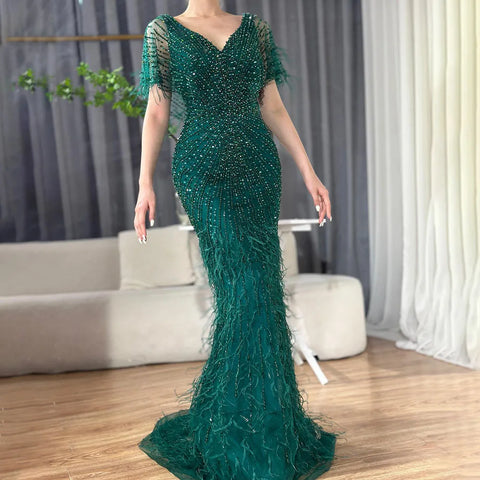 Brown Mermaid Luxury Evening Dresses Gowns 2025 Beaded Feather Elegant For Woman Party LA71323