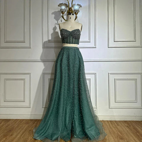 Customize 2025 Saudi Turquoise Strapless Two-Piece Evening Dress with High Split for Formal Occasion LA72786