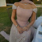 Off Shoulder Beaded A-Line Evening Dress Gown with Corset LA72922
