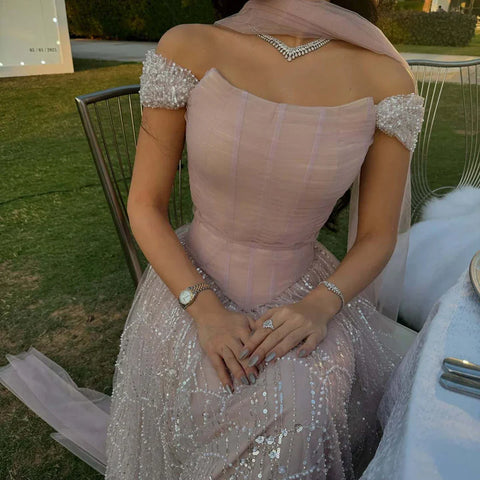 Robe de soirée trapèze à épaules dénudées et perles avec corset LA72922 