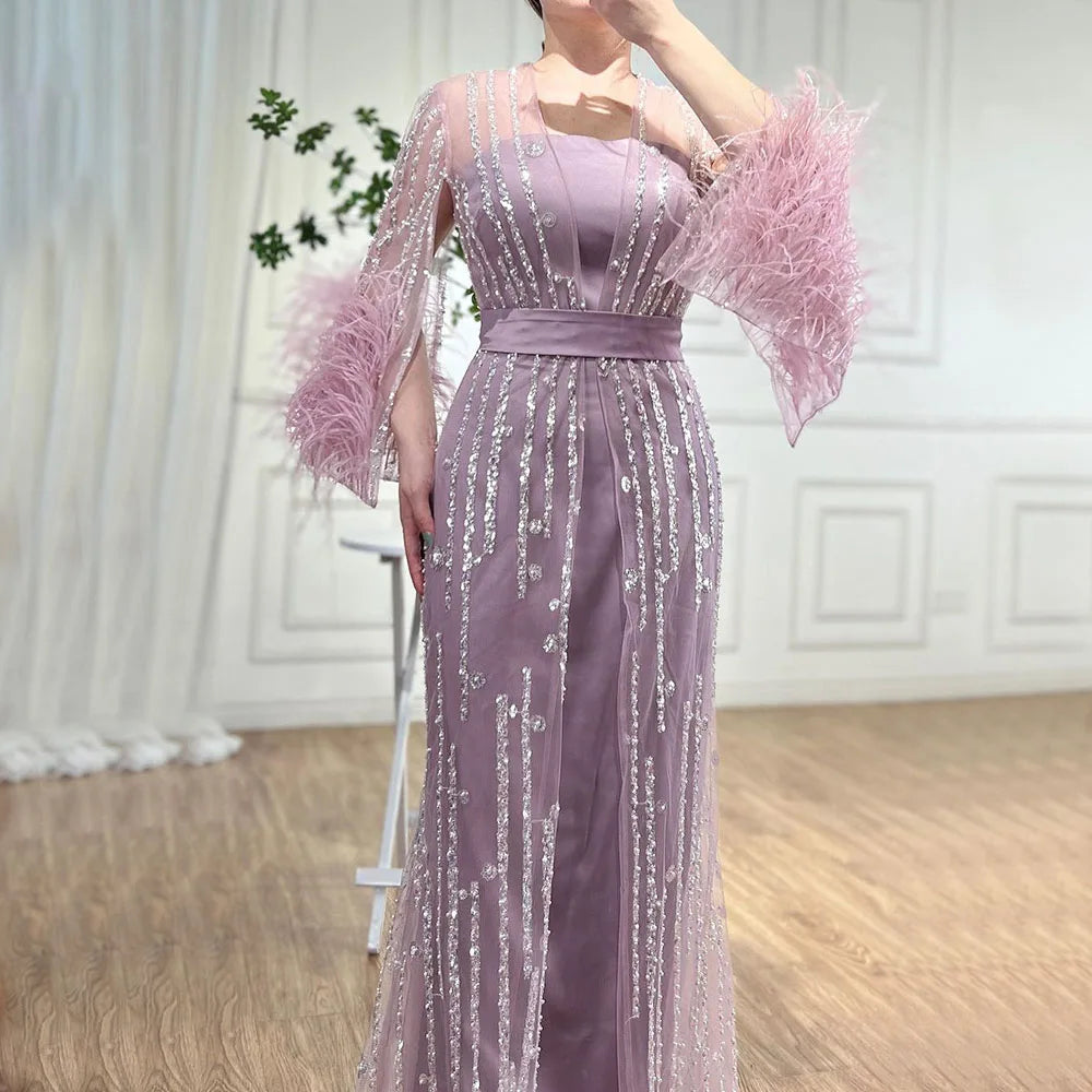 Beaded Feathers A Line Cream Caftan Marocain Femme  Evening Dresses  Arabic  With Jacket   Gown For Party LA71759