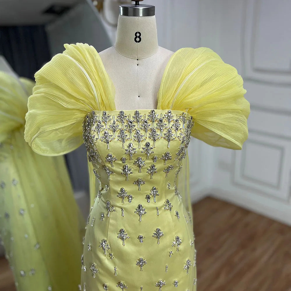 Luxury Beaded Yellow Evening Dress with Cape LA72756