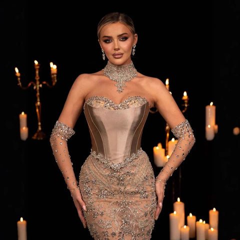 Robe de soirée longue et transparente avec corset perlé et gants LA72929 
