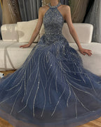 Elegant Blue Arabic A-line Halter Gown Luxury Dubai Evening Dress for Women Wedding Party 2025 LA72302