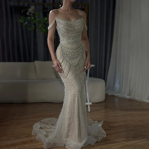Luxury Crystal Silver Nude Mermaid Dubai Evening Dresses LA72253