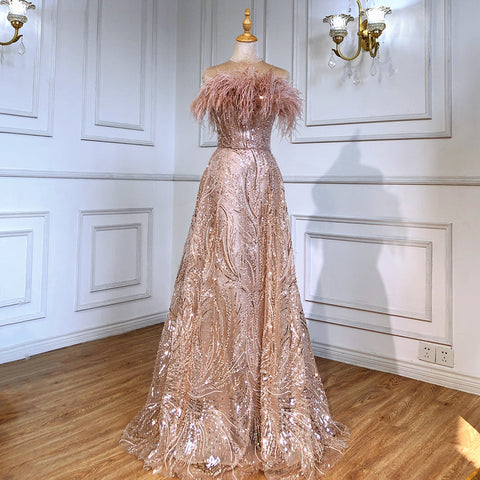 Blush Roze Strapless Luxe Avond Jurken 2025 Kralen Feather A-lijn Voor Vrouwen Party LA71560