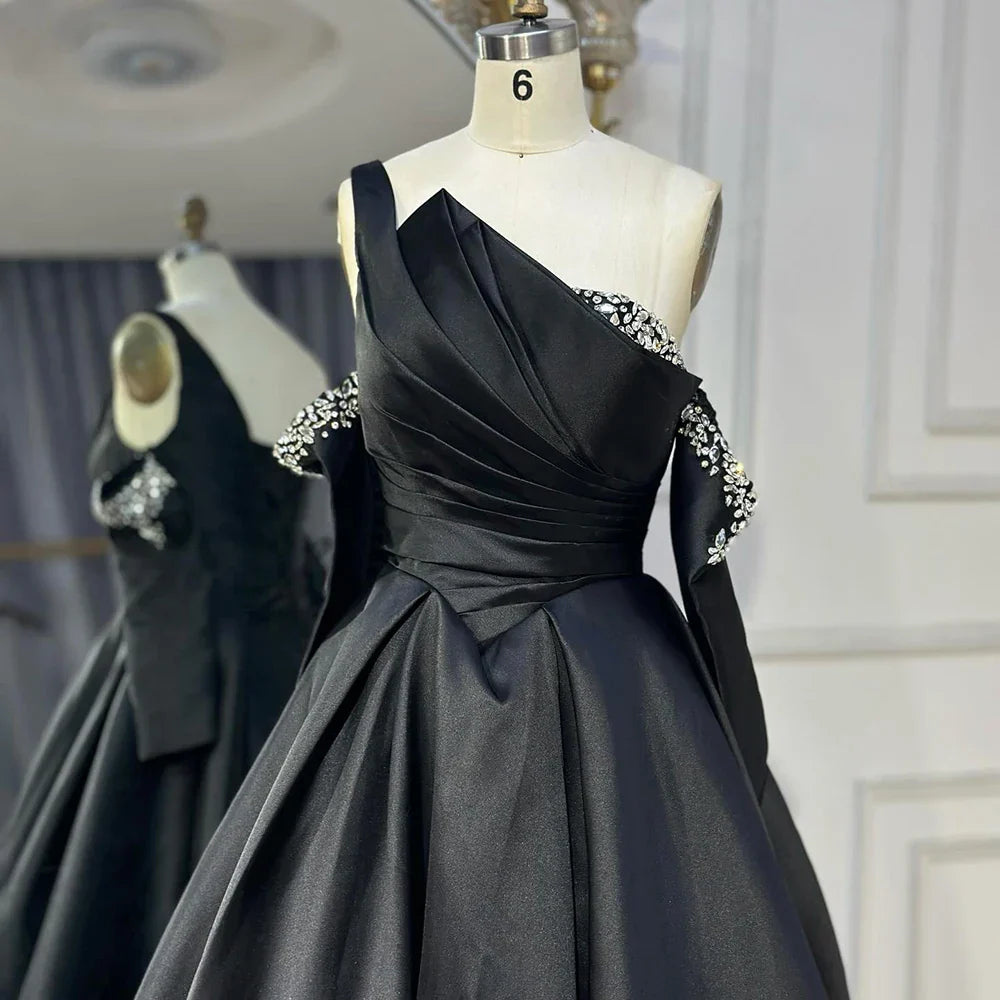 Vestido de noche negro de satén con un solo hombro, corte en A, con cuentas y mangas cortas, modelo LA72741, para mujer. 