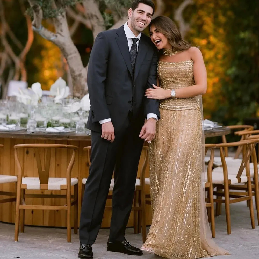 Vestido de noche de lujo sin tirantes con cuentas, corte en A, dorado, para ocasiones especiales, Arabia Saudita LA72873 